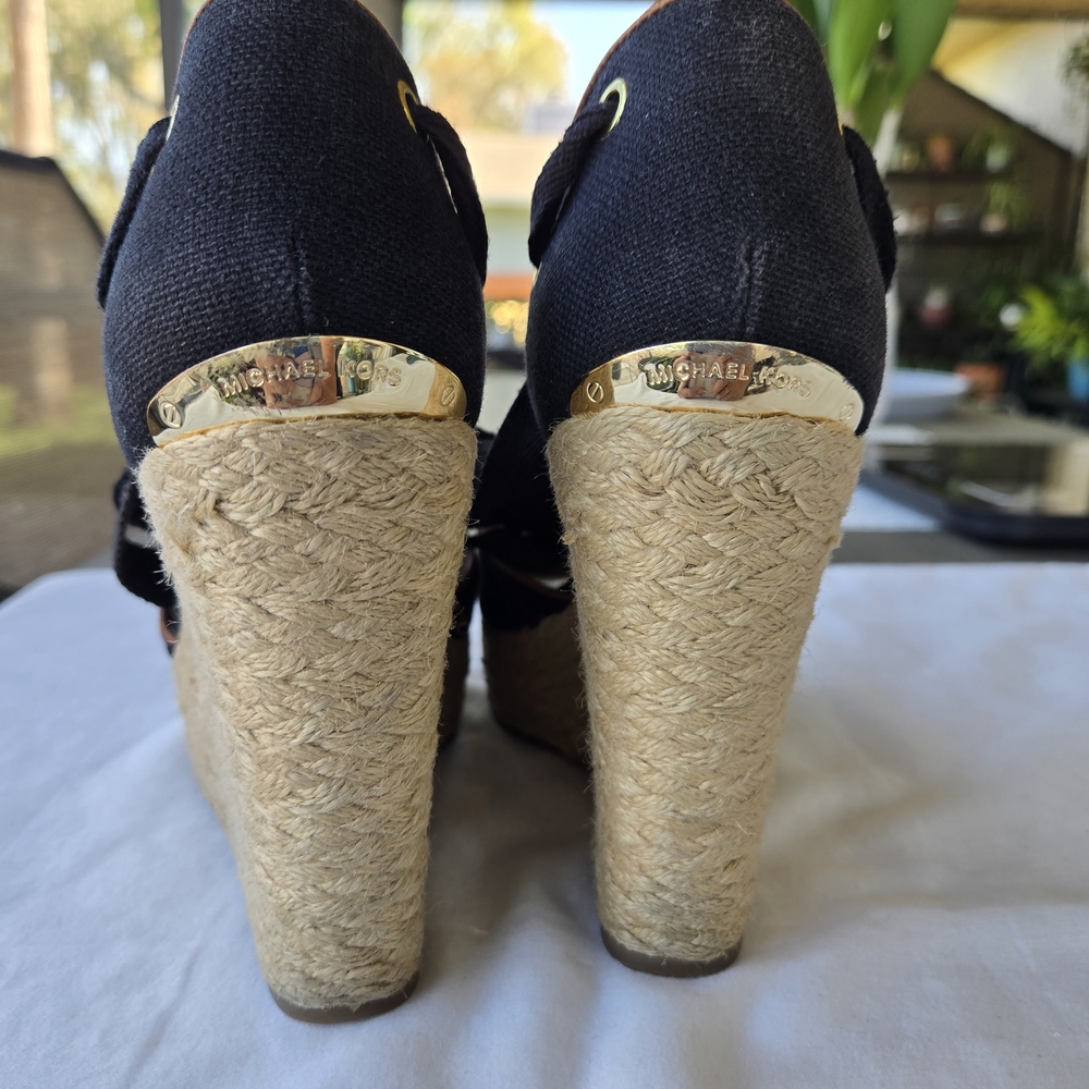 Michael Kors Lilah Black Canvas Lace-Up Platform Espadrille Wedges - Size 7.5 - Picture 8 of 12